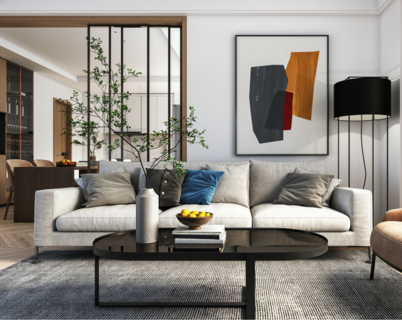 Luxurious Living Room With Modern Art, Geometric Lampshades And A Midcentury Couch.