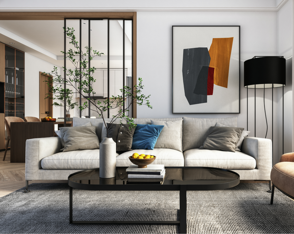 Luxurious living room with modern art, geometric lampshades and a midcentury couch.